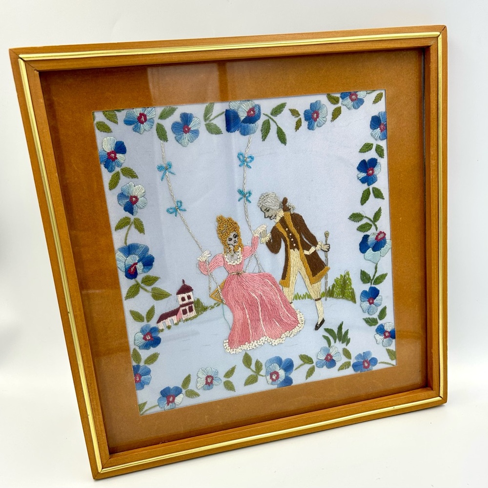Vintage Framed Crewel Embroidery Victorian Courting Scene | Romantic Wall Art